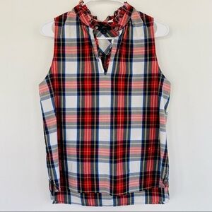 J. Crew Tartan Plaid Sleeveless Blouse with Ruffle V-Neck - Holiday Theme